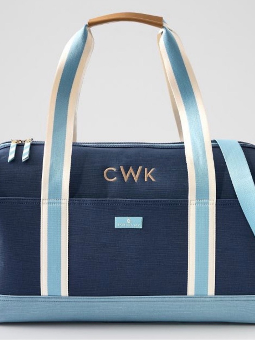 Mark & Graham Navy and Light Blue Striped Canvas Travel Tote